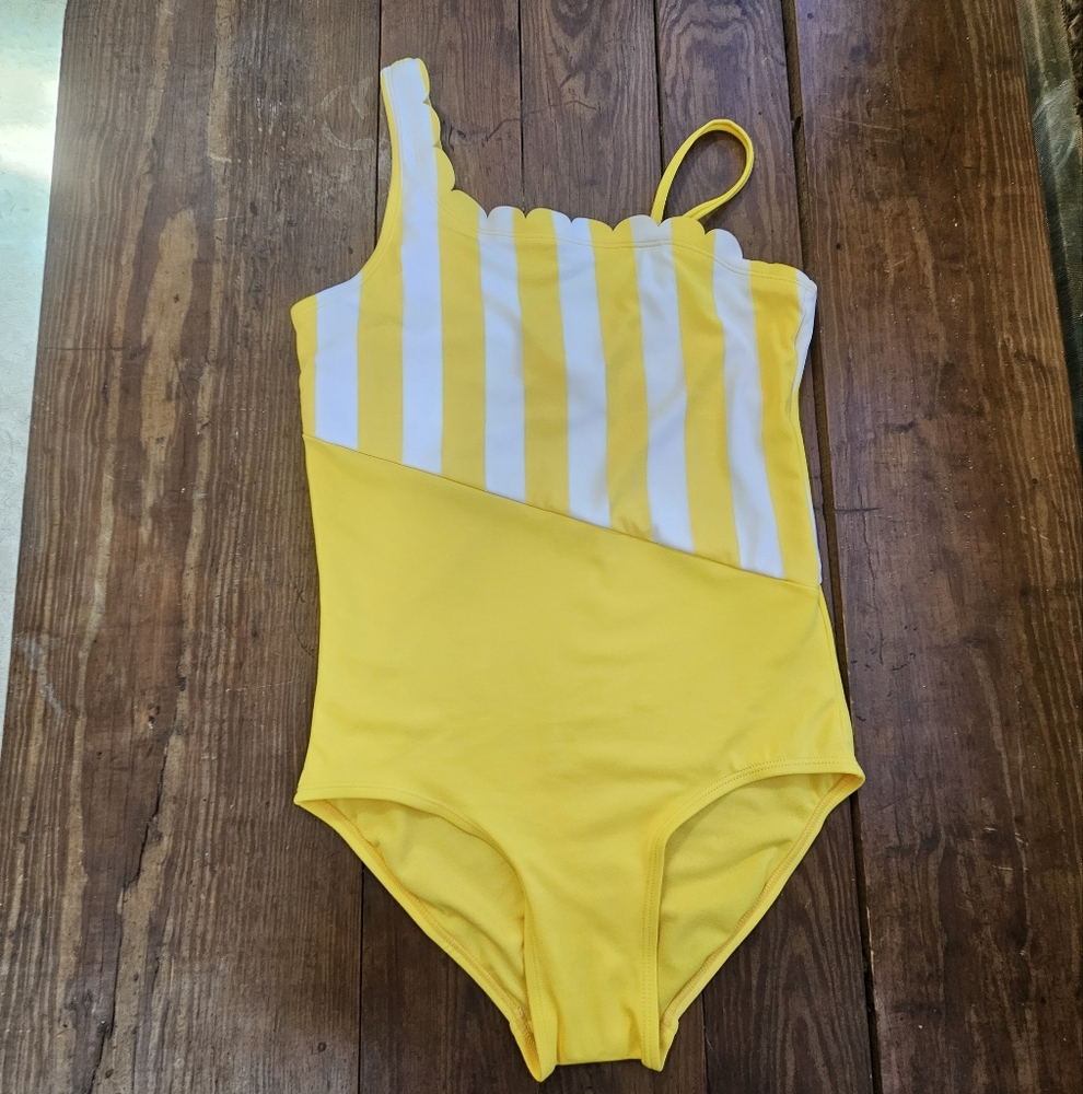 Justice Swimsuit Girls Sz 20 Yellow & White Striped One-Shoulder Scallop NWOT